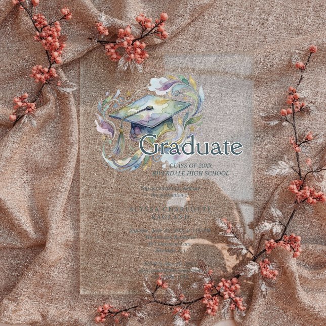 Charming Blue and Green Shades Graduate Cap Acrylic Invitations (Charming Blue and Green Shades Watercolor Effect Graduate Cap Graduation Acrylic Invitation Card.)