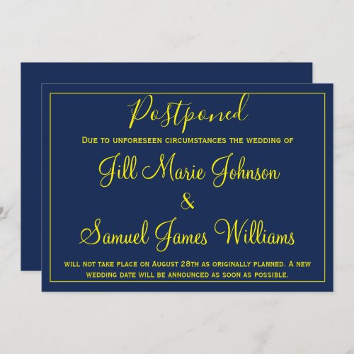 Charming blue and yellow wedding change of plans invitation