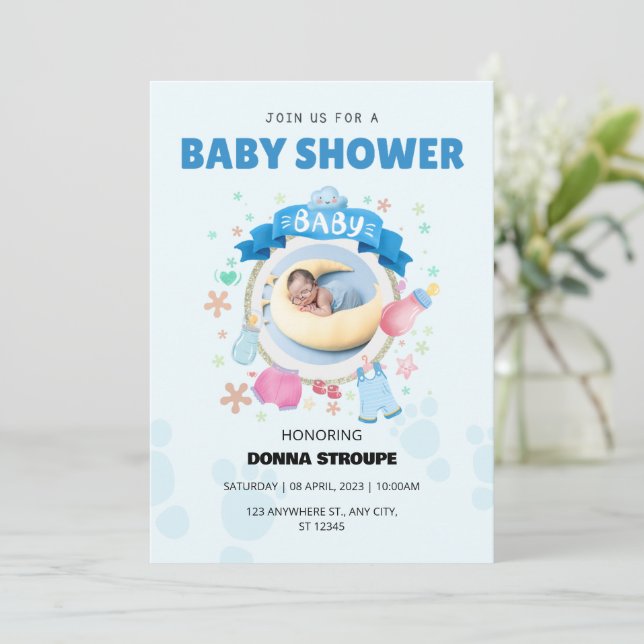 Charming Blue Baby Shower  Invitation (Standing Front)