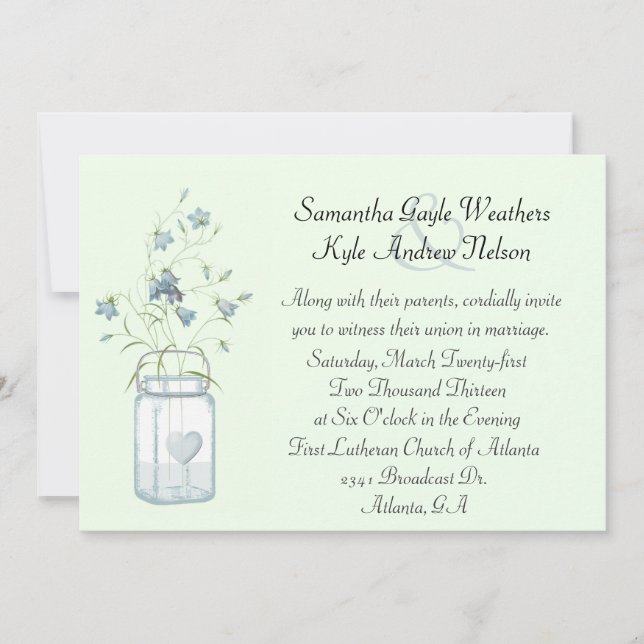 Charming Blue Bells & Mason Jar Wedding Invitation (Front)