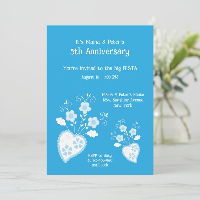 Charming blue blossom heart with flowers invitation (Standing Front)