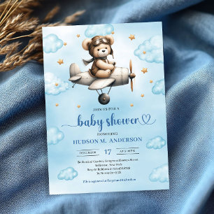 Charming Blue Brown Teddy Bear Pilot Baby Shower  Invitation