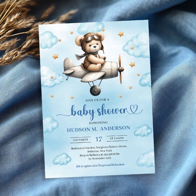 Charming Blue Brown Teddy Bear Pilot Baby Shower  Invitation (Charming Blue Brown Teddy Bear Pilot Baby Shower Invite

)