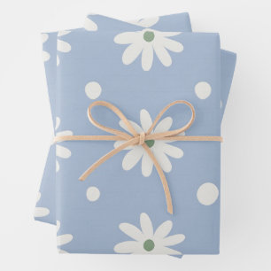 Charming Blue Daisy and Polkadot Wrapping Paper Sheets