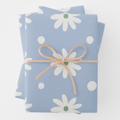 Charming Blue Daisy and Polkadot Wrapping Paper Sheets