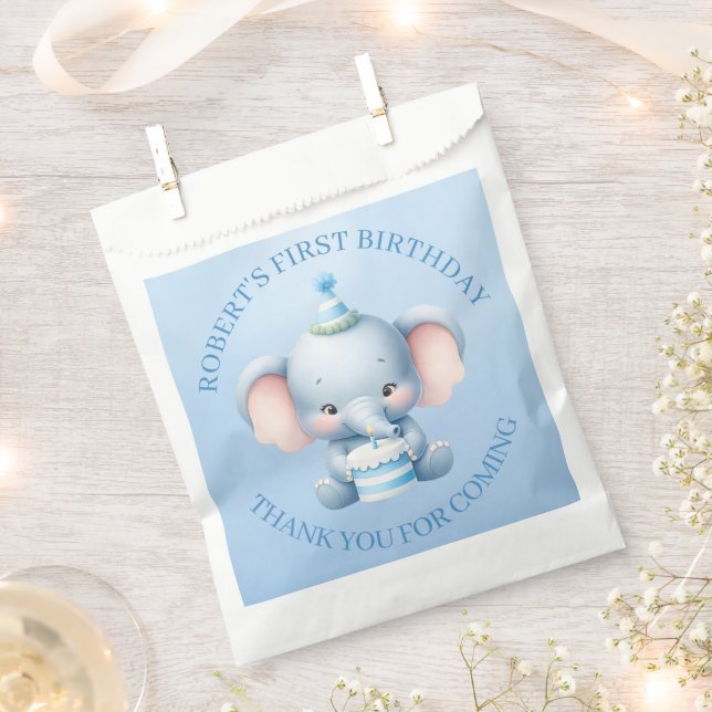 Charming Blue Elephant Birthday Thank You Favor Bag (Clipped)