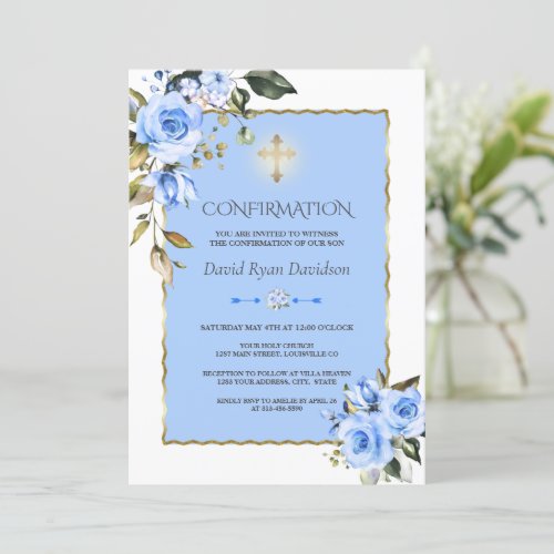 Charming Blue Flowers Gold Cross Boy Confirmation  Invitation