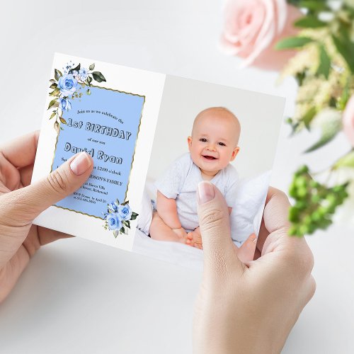 Charming Blue Flowers Photo Boy 1st Birthday  Invitation