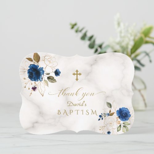Charming Blue Gold Flowers Gold Cross Baptism  Thank You Card