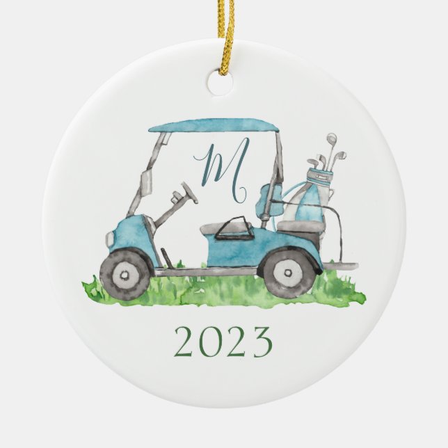 Charming Blue Golf Cart Monogram Watercolor Ceramic Ornament (Front)