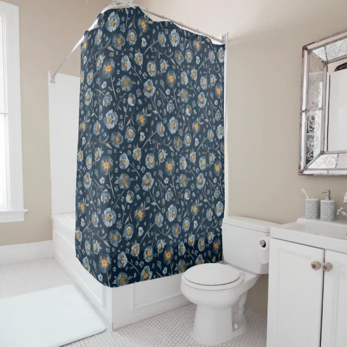 Charming Blue Gray Yellow Painted Poppy, Blue Yellow Grey Shower Curtain