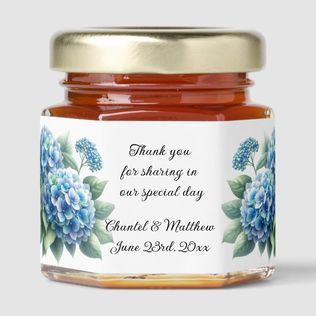 Charming Blue Hydrangea Wedding  Honey Jar Favors (Front)