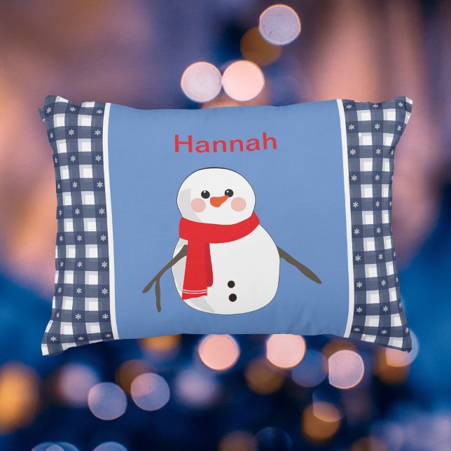 Charming Blue Plaid Snowman with Name Accent Pillow (Creator Uploaded)