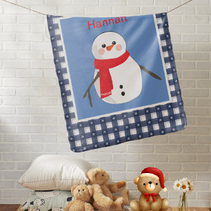 Charming Blue Plaid Snowman with Name Baby Blanket