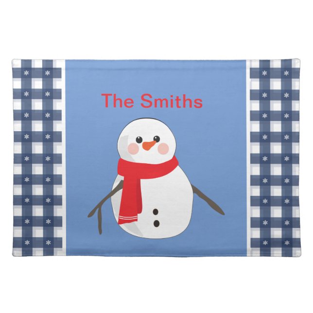 Charming Blue Plaid Snowman with Name Cloth Placemat (Front)
