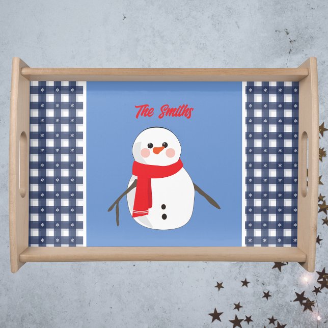 Charming Blue Plaid Snowman with Name Serving Tray (Creator Uploaded)