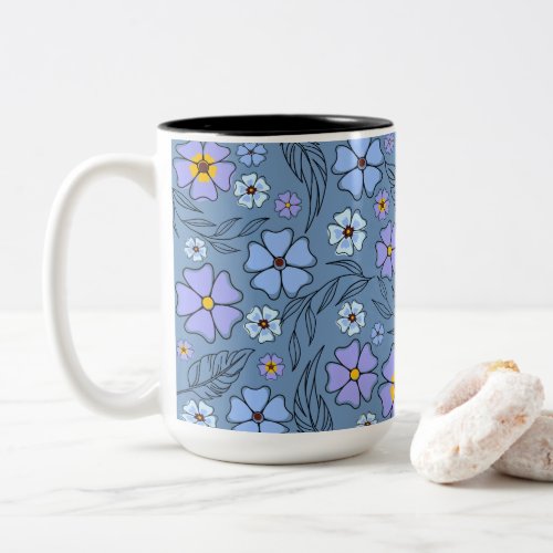 Charming Blue  Purple Floral With Outline Two_Tone Coffee Mug