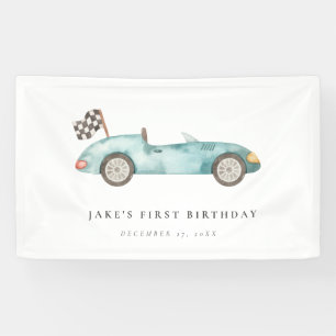 Charming Blue Race Car Birthday  Banner