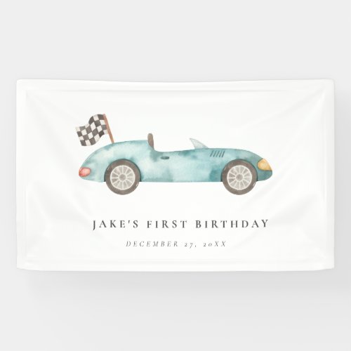 Charming Blue Race Car Birthday  Banner