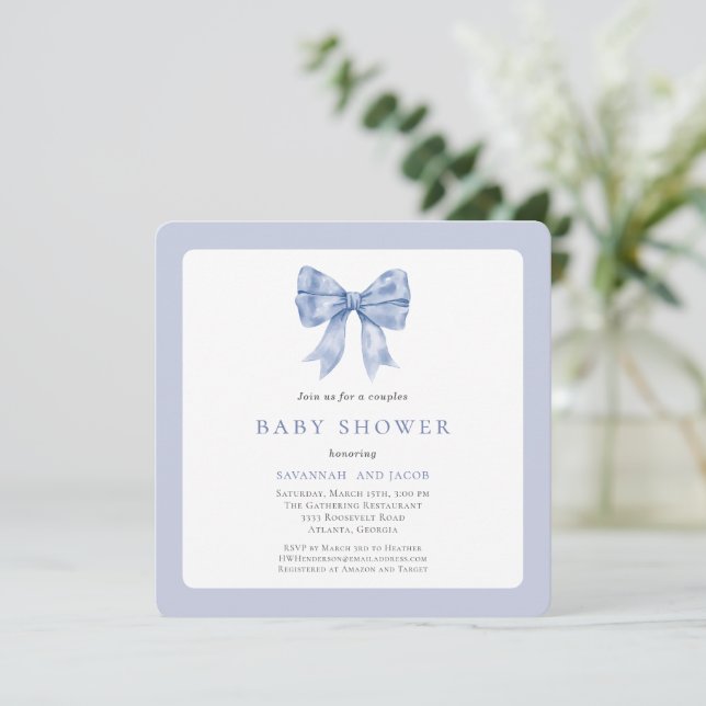 Charming Blue Ribbon Bow Boy Couples Baby Shower Invitation (Standing Front)