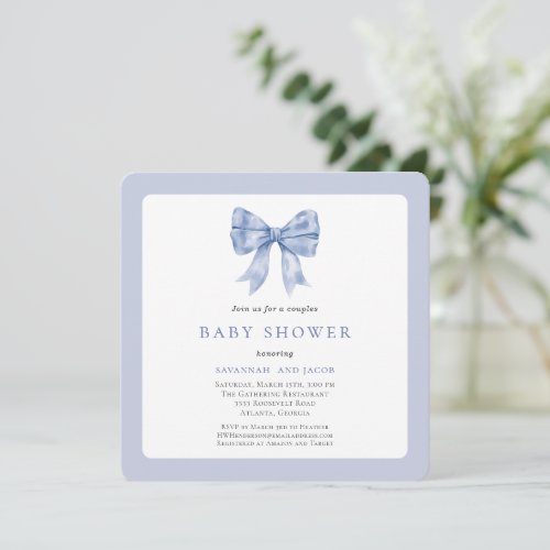 Charming Blue Ribbon Bow Boy Couples Baby Shower Invitation