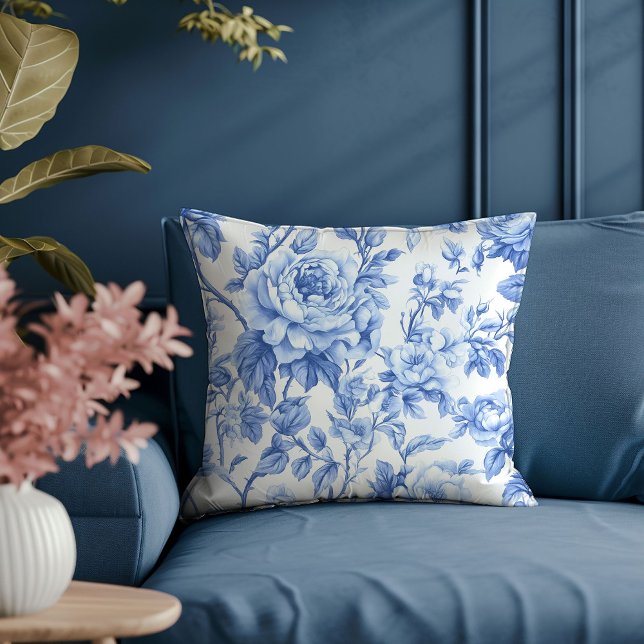 Charming Blue Roses French Toile Decorative Pillow (Charming Blue Roses French Toile Decorative Pillow)
