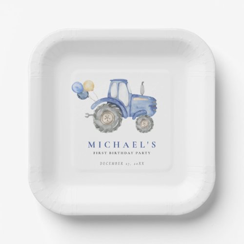 Charming Blue Tractor Birthday Paper Plates