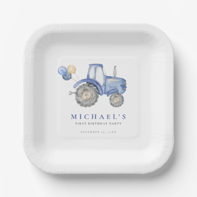 Charming Blue Tractor Birthday Paper Plates (Front)