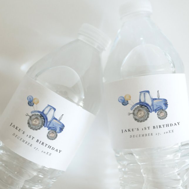 Charming Blue Tractor Water Bottle Label (Creator Uploaded)
