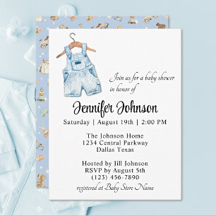 Charming Blue Vintage Overalls Boy Baby Shower Invitation