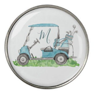 Charming Blue Watercolor Golf Cart Monogram Golf Ball Marker
