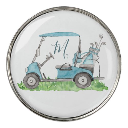  Charming Blue Watercolor Golf Cart Monogram  Golf Ball Marker