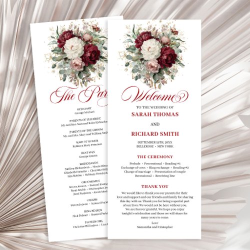 Charming Blush Burgundy Gold Wedding Program