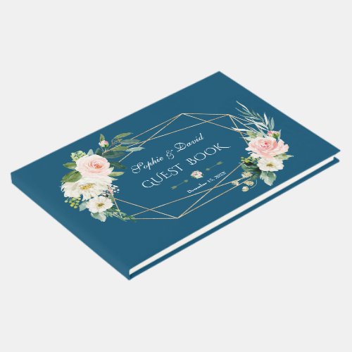 Charming Blush Floral Gold Frame Blue Wedding Guest Book