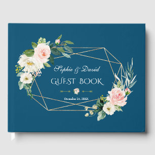 Charming Blush Floral Gold Frame Blue Wedding Guest Book
