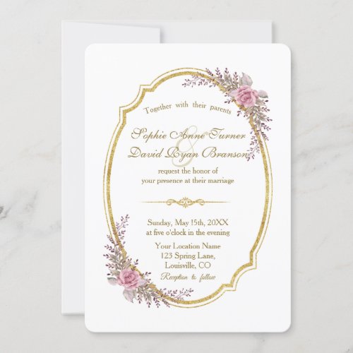 Charming Blush Floral Gold Frame Wedding Invite