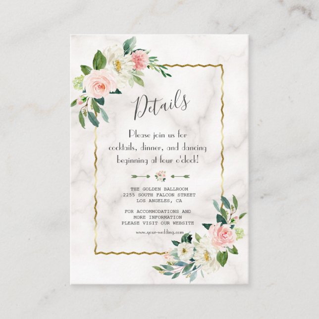 Charming Blush Floral Gold Marble Wedding Details Enclosure Card (Front)