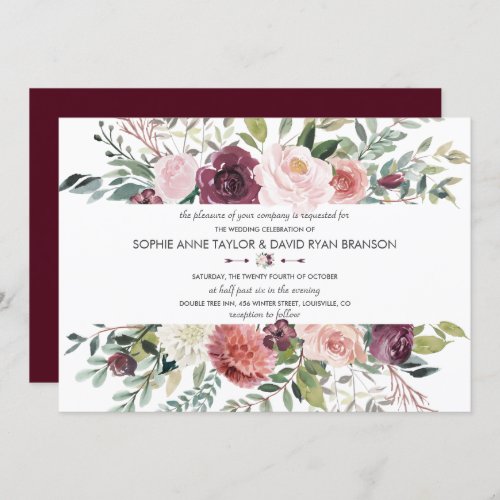 Charming Blush Flowers Frame Burgundy Wedding Invitation