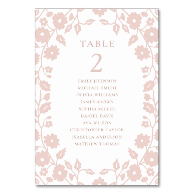 Charming Blush Folk Floral Seating Chart Table Number (Front)