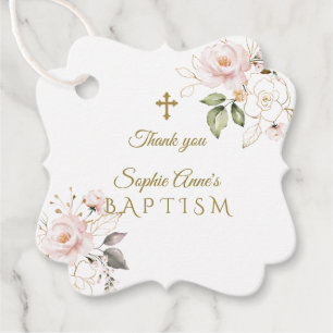 Charming Blush Gold Flowers Gold Cross Baptism Favor Tags