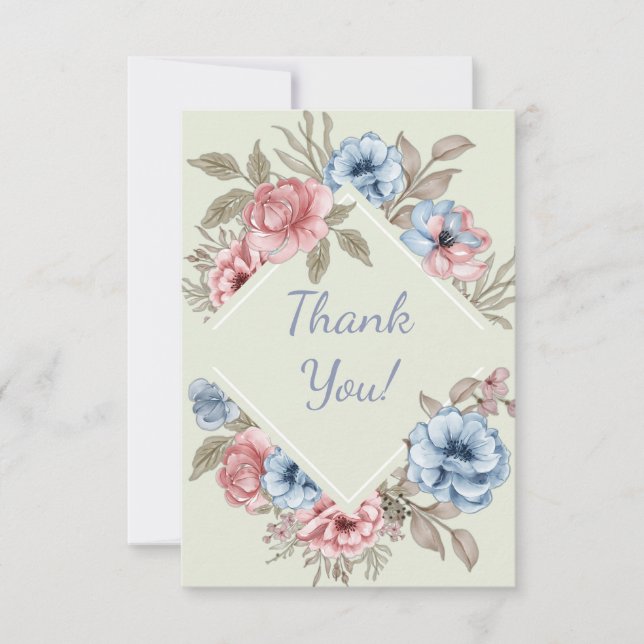 Charming Blush Pink and Dusty Blue Floral Wedding  Thank You Card (Front)