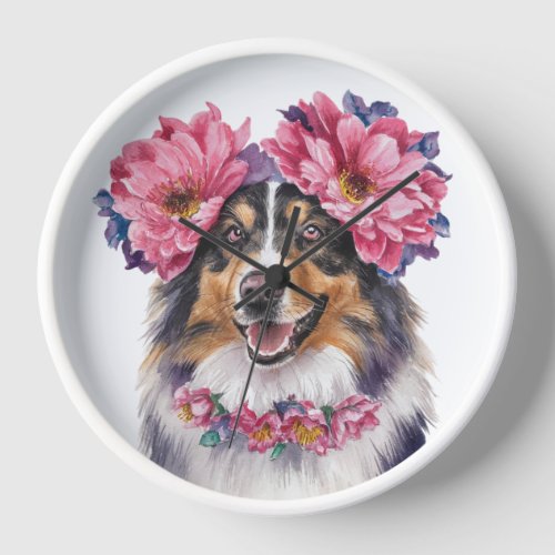 Charming Border Collie Flower Crown Watercolor  Clock