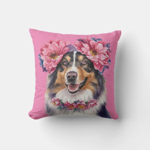 Charming Border Collie Flower Crown Watercolor  Throw Pillow