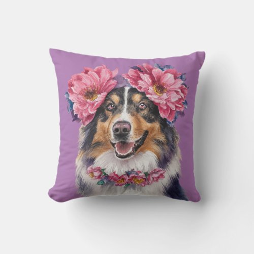 Charming Border Collie Flower Crown Watercolor  Throw Pillow