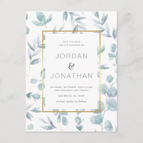Charming Botanical Watercolor Leaves Save The Date Announcement Postcard - Charming Botanical Watercolor Leaves Save The Date by Eugene Designs.