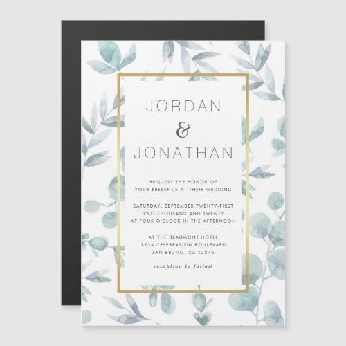 Charming Botanical Watercolor Leaves Wedding Magnetic Invitation