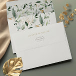 Charming Botanical Watercolor Wedding Envelope<br><div class="desc">Seal your wedding correspondence in style with our botanical-themed wedding envelope. Adorned with a graceful watercolor foliage print in shades of green, from soft sage to deep forest, and dotted with delicate gold accents, this envelope introduces your celebration with an air of enchantment and sophistication. The interior lining is a...</div>