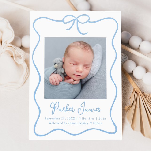 Charming Bow Baby Boy Birth Letterpress Photo Cards (Creator Uploaded)
