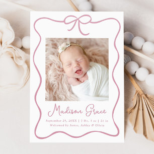 Charming Bow Baby Girl Birth Letterpress Photo Cards