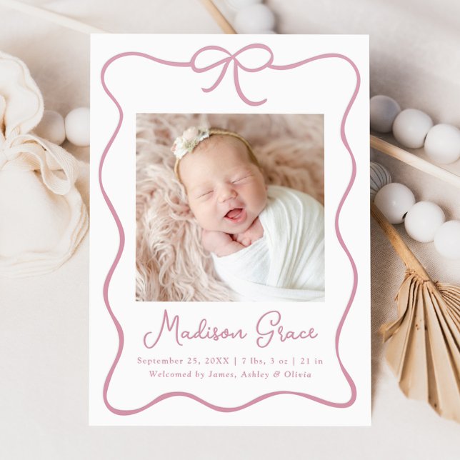 Charming Bow Baby Girl Birth Letterpress Photo Cards (Creator Uploaded)